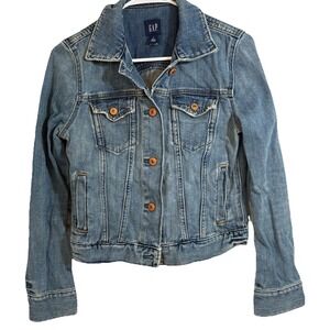 GAP Cropped Denim Jacket Women Small Y2K Trucker Blue Jean Fitted Vintage